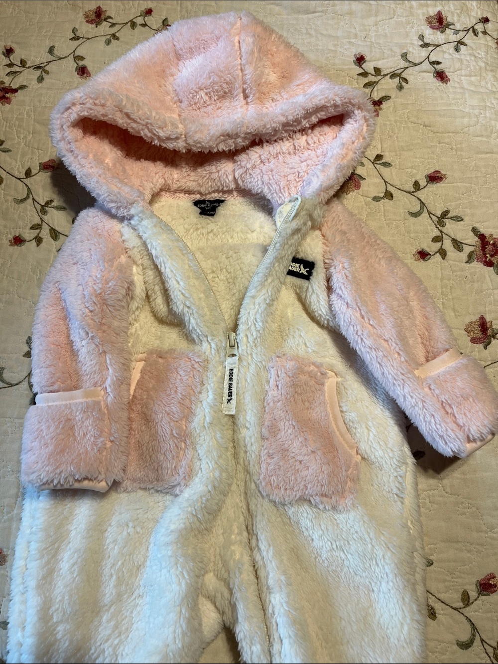 Eddie Bauer Pink and Cream Fuzzy Hooded Baby Jacket